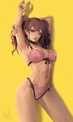 1girls armpits arms_behind_head big_breasts bottomwear bra breasts brown_eyes brown_hair busty earrings kujikawa_rise large_breasts lingerie looking_at_viewer meister_staze navel panties persona persona_4 pink_bra pink_panties pose seductive seductive_smile sensual smile stomach thighs topwear twintails underwear