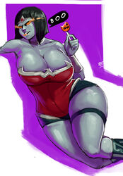 1girls big_breasts black_hair breasts busty candy cleavage clothed clothing cosplay dark_hair darkseid dc dc_comics english_text female female_focus female_only genderswap_(mtf) glowing_eyes grey_skin halloween humanoid lady_darkseid large_breasts lollipop lying mature_female orange_eyes redblacktac rule_63 solo solo_female speech_bubble text the_new_gods tiara uncensored wide_hips wonder_woman_(cosplay) wonder_woman_(series)