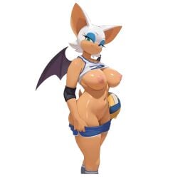 alternate_costume animal_ears bag ball bat_ears bat_girl bat_wings blue_eyeshadow blue_shorts breasts cleft_of_venus clothes_lift clothes_pull commentary cowboy_shot dolphin_shorts english_commentary eyelashes eyeshadow female furry furry_female green_eyes hand_on_own_hip highres holding holding_bag large_breasts makeup navel nipples orange_fur partially_undressed pussy rouge_the_bat shiny_skin shirt_lift shorts shorts_pull smewed smile solo sonic_(series) sportswear standing tank_top thighs transparent_background volleyball_(object) volleyball_uniform white_fur white_tank_top wide_hips wings