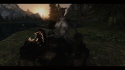 1boy 1girls 3d abs anthro argonian big_breasts breasts cleavage cowgirl_position female furry interspecies large_breasts larger_male male muscular_female navel nipples nude png scalie sex sexusfastis size_difference skyrim smaller_female straight the_elder_scrolls werebear