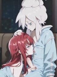 ai_generated black_mask blue_eyes blush cat_ears cat_tail colored_eyelashes deux_murasame dildo_under_mask fellatio freckles grey_hair gundam gundam_gquuuuuux hair_bun highres long_hair male male_only mask masked mouth_mask nimona1491_(artist) penis petite purple_pupils red_hair rias_gremory shoulder_blades simple_background small_penis updo white_background white_eyelashes white_hai