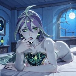 afk_(series) afk_journey ai_generated big_breasts big_butt breasts exposed_heart female finger_in_mouth green_eyes grey_hair long_hair looking_sideways moonlight necrophilia pov shy valka