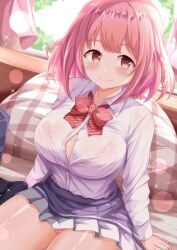 1girls bag bed blush bow bra bra_visible_through_clothes braid breasts brown_eyes cleavage closed_mouth collared_shirt commentary_request curtains day diagonal-striped_bow dress_shirt female frilled_skirt frills grey_skirt highres hoshizaki_akari indoors large_breasts on_bed ongeki panties pillow pink_bra pink_hair pink_panties pleated_skirt red_bow school_bag school_uniform see-through_clothes shirt skirt smile solo sunlight twin_braids underwear white_shirt wings xenon_(for_achieve)