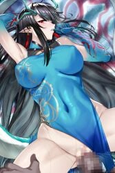 1boy arknights arm_behind_head black_hair blue_dress blue_skin breasts censored china_dress chinese_clothes clenched_teeth colored_extremities colored_skin covered_navel dragon_girl dragon_horns dragon_tail dress dusk_(arknights) dusk_(everything_is_a_miracle)_(arknights) earrings eastern_dragon_tail female gradient_skin highres horns jewelry long_hair looking_at_viewer lying male mosaic_censoring multicolored_hair nyamota official_alternate_costume on_back penis pointy_ears pov red_eyes sex sleeveless sleeveless_dress solo_focus streaked_hair sweat tail tassel tassel_earrings teeth vaginal_penetration wet