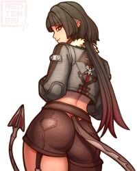 1girls ass ass_focus back_view clothed clothed_female dat_ass fat_ass female jane_doe_(zenless_zone_zero) redteneri solo solo_female solo_focus tail white_background zenless_zone_zero