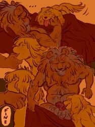 absurd_res anthro barbary_lion bird_dog black_nose blonde_hair body_hair boypretties canid canine canis comic domestic_dog duo erection felid fellatio finger_in_mouth floppy_ears hair hi_res hunting_dog lion male male/male mammal moobs morning_wood oral orange_body overweight pantherine penile sex spaniel the_apprentice's_plea tongue tongue_out tongue_out_fellatio yellow_body