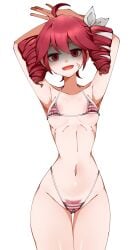 1girls 2d 2d_(artwork) ahoge angry angry_vein areolae areolae_slip armpits arms_behind_head arms_up ass_visible_through_thighs bikini blush blush curvy curvy_female curvy_figure embarrassed embarrassed_female female female_only flat_chest g-string hair_ornament hairbow kasane_teto kasane_teto_(sv) micro_bikini midriff navel nazunobasho nipple_bulge open_mouth petite petite_female pubic_hair red_eyes red_hair shadowed_face slim_waist small_waist solo solo_female striped_bikini sweat sweating synthesizer_v thick_thighs thigh_gap thighs twin_drills utau vein_bulge white_background wide_hips