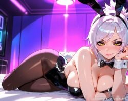 1girls ai_generated battle_bunny_riven big_breasts black_eyeshadow breasts bunny_ears bunnysuit cleavage female huge_boobs huge_breasts kaistar large_boobs large_breasts league_of_legends light-skinned_female looking_at_viewer lying lying_down lying_on_ground lying_on_side medium_hair patreon riven smile smiling smiling_at_viewer smirk solo solo_female solo_focus white_hair white_skin yellow_eyes