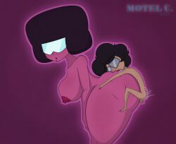 1boy 1girls breasts curvy_female female garnet_(steven_universe) gem_(species) glasses holding_onto_partner human_on_humanoid large_ass large_breasts licking_ass male male_penetrating_female massive_ass milf moteluxionas nipples simple_background size_difference standing_sex steven_universe