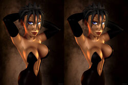 1girls 3d arcadonna artist_name bare_shoulders big_breasts black_dress black_gloves black_hair blue_eyes busty cleavage curvy detailed_background elbow_gloves eyelashes female female_only front_view gloves hourglass_figure human kondaspeter lipstick looking_at_viewer makeup pose posing red_lipstick shiny shiny_skin short_hair solo standing voluptuous wide_hips