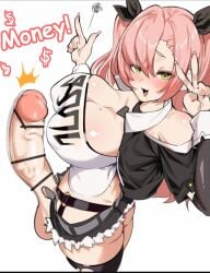 1futa big_breasts big_penis birthmark birthmark_on_breasts blush breasts cleavage coin cunning_hares futanari hoyoverse huge_breasts mole_under_eye monomono447 nicole_demara peace_sign penis pink_hair sex solo zenless_zone_zero