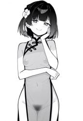 alternate_costume bare_arms bare_shoulders blush breasts china_dress chinese_clothes closed_mouth commentary_request cowboy_shot dot_nose dress female female_pubic_hair flower gakuen_idolmaster greyscale hair_flower hair_ornament hand_on_own_cheek hand_on_own_face hataya_misuzu highres idolmaster inverted_nipples looking_at_viewer makigirisu medium_breasts mole mole_under_mouth monochrome navel pubic_hair see-through_clothes see-through_dress short_hair simple_background sleeveless sleeveless_dress smile solo standing tassel thigh_gap white_background
