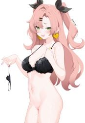 absurdres artist_name bare_shoulders black_bra black_panties black_ribbon blush bottomless bow bow_bra bra breasts collarbone commentary cowboy_shot earrings english_commentary female green_eyes hair_ornament hair_ribbon hairclip hand_up heart heart_earrings highres holding holding_panties holding_underwear holding_unworn_clothes jewelry lace lace_bra large_breasts large_variant_set long_hair looking_at_viewer mole mole_on_breast mole_on_thigh mole_under_eye multicolored_nails multiple_moles nail_polish navel nicole_demara no_shirt open_mouth panties penguin_uwu pink_hair pink_nails purple_nails pussy ribbon simple_background smile solo stomach twintails uncensored underwear unworn_panties variant_set white_background yellow_nails zenless_zone_zero
