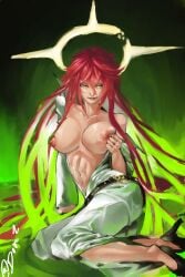 artist_request bare_shoulders belt bodysuit breasts broken_halo clothes_pull collarbone female front_slit guilty_gear guilty_gear_strive halo highres jack-o'_valentine large_breasts long_hair looking_at_viewer nipples non-web_source skull_belt solo spiked_halo too_many too_many_belts undressing white_bodysuit