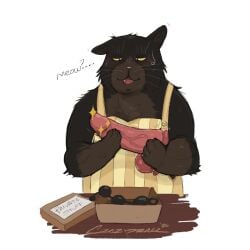2025 anal_beads anthro apron black_body black_fur bodily_fluids brown_body brown_fur clothing crazydrak dated dildo domestic_cat fangs felid feline felis front_view fur gloves_(marking) hi_res holding_dildo holding_object holding_sex_toy male mammal markings narrowed_eyes open_mouth overweight overweight_anthro overweight_male sex_toy signature simple_background solo standing sweat teeth whiskers yellow_apron yellow_clothing yellow_eyes yukichi