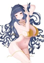 1girls belly_button bikini blue_hair breasts dizzy_dokuro female female_only fienly_(fien_56) gold_bikini golden_week huge_breasts light-skinned_female light_skin phase_connect phase_invaders red_eyes simple_background solo swimsuit untied_bikini virtual_youtuber white_background