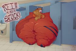 alternate_version_available anger_cloud angry angry_expression angry_face ass ass_crack ass_focus asuka_langley_sohryu bathroom bathroom_stall butt_crack butt_focus fat fat_ass fat_girl fat_thighs fat_woman giant_ass giant_butt looking_over_shoulder mangogurti massive_ass massive_thighs morbidly_obese morbidly_obese_female neon_genesis_evangelion obese obese_female offscreen_character offscreen_female overweight overweight_female rei_ayanami skin_tight skin_tight_suit stall stubby_legs stuck stuck_in_door sweat sweatdrop sweating sweaty talking_to_another talking_to_offscreen text text_bubble yelling yelling_at_another