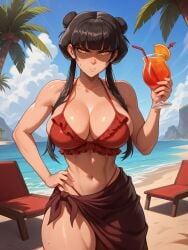 1girls ai_generated amber_eyes avatar_the_last_airbender beach bikini cleavage clothing double_bun female female female_focus female_only goth goth_girl hairbun hourglass_figure leggings long_hair looking_at_viewer mai_(avatar) noblewoman palm_tree pouty red_bikini sand sidelocks solo solo_female solo_focus sweatdrop sweaty sweaty_body sweaty_breasts swimsuit wide_hips