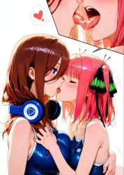 ai_generated blue_eyes blush breast_press closed_eyes french_kiss go-toubun_no_hanayome incest kissing large_breasts making_out nakano_miku nakano_nino red_hair sisters sweat swimsuit tongue tongue_kiss yuri