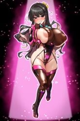 black_boots black_hair blush boots breasts brown_gloves cleavage colored_inner_hair covered_erect_nipples eyebrows_hidden_by_hair female finger_to_own_chin fishnet_gloves fishnet_thighhighs fishnets full_body garter_belt gloves grin groin hair_ribbon highres huge_breasts inverted_nipples kantai_collection large_areolae large_variant_set lips long_hair looking_at_viewer multicolored_hair naganami_(kancolle) open_mouth pink_hair pubic_tattoo ribbon smile solo super_highleg taimanin_suit tattoo teeth thighhighs vambraces variant_set yellow_eyes yellow_ribbon yoshi_tama
