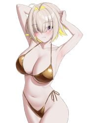 absurdres ahoge armpits arms_up bikini blonde_hair breasts cleavage cowboy_shot doenji_(auto7233) elegg_(nikke) female goddess_of_victory:_nikke gold_bikini hair_intakes highres large_breasts looking_at_viewer navel purple_eyes short_hair simple_background solo stomach swimsuit thighs white_background