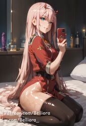 1girls ai_generated barefoot bed bedroom bedroom_setting belliora blue_eyes clothed curled_toes darling_in_the_franxx distracted dyed-hair dyed_hair feet feet_together female female_only foot_fetish foot_focus laying_down laying_on_bed on_phone phone pillow pink_hair presenting_feet soles tagme tie toes zero_two_(darling_in_the_franxx)