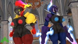 2girls 3d 3d_(artwork) abs alternate_color arm_blade armarouge armor arms_at_sides black_skin blue_fire blue_hair blue_skin blue_thighhighs breasts ceruledge chandelier church closed_mouth colored_nipples colored_skin cowboy_shot eye_trail female fiery_hair fire glowing glowing_eyes helmet huge_breasts indoors kennyb0mber_(artist) large_areolae large_breasts light_trail looking_at_viewer mohawk multicolored_hair multicolored_skin multiple_girls muscular muscular_female navel nintendo nipples nude pauldrons pokémon_(species) pokemon purple_eyes purple_fire purple_headwear pussy red_eyes red_gloves red_hair red_skin shoulder_armor smile stained_glass standing stomach thick_thighs thighhighs thighs toned two-tone_hair two-tone_skin uncensored weapon wide_hips window
