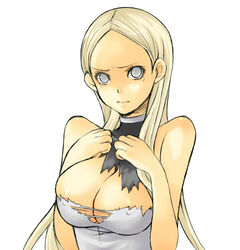 00s bare_shoulders blonde_hair breasts bursting_breasts claymore cleavage clothes clothing erect_nipples erect_nipples_under_clothes female large_breasts long_hair pocopoco silver_eyes simple_background tears torn undine_(claymore) voluptuous