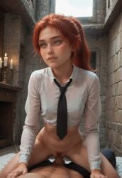ai_generated blush clair_obscur:_expedition_33 clothed clothed_sex collared_shirt maelle_(clair_obscur:_expedition_33) necktie orgasm red_hair riding sex white_shirt
