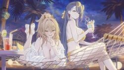 2girls azur_lane bare_shoulders barefoot bikini blonde_hair blue_hair blush breasts cg cleavage crossed_legs cup drink drinking_glass drinking_straw earrings eyewear_on_head feet feet_up food fruit hair_ribbon holding jewelry large_breasts legs lion_(azur_lane) long_hair looking_at_viewer lying multiple_girls nail_polish night night_sky off_shoulder official_art on_stomach open_mouth outdoors palm_tree ponytail sitting sky smile soles star_(sky) sunglasses swimsuit table the_pose thighs toes trafalgar_(azur_lane) tree white_bikini white_shirt yellow_bikini yellow_eyes
