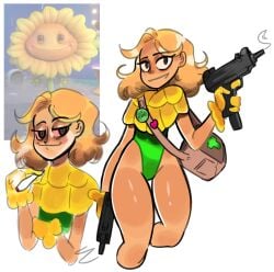 1girls brown_eyes female flower gun guns looking_at_viewer notwawita plants_vs_zombies plants_vs_zombies:_garden_warfare smoking solar_flare_(pvz) tanned_skin thick_thighs white_background yellow_eyes