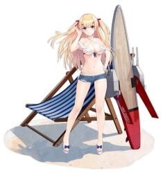 azur_lane bare_legs bare_shoulders bikini black_background blonde_hair blue_eyes blue_shorts blush bow breasts cg chair cleavage collarbone criss-cross_halter cutoffs denim denim_shorts female frills front-tie_bikini front-tie_bikini_top front-tie_top full_body hair_ornament hair_ribbon hairclip halterneck hand_on_own_hip highleg highleg_bikini large_breasts long_hair looking_at_viewer medium_breasts micro_shorts navel official_alternate_costume official_art open_fly open_shorts parted_lips sandals short_shorts shorts simple_background smile solo standing stomach string_bikini surfboard sussex_(azur_lane) sussex_(sunlit_tulips)_(azur_lane) swimsuit thighs torn_clothes torn_shorts transparent_background two_side_up white_bikini