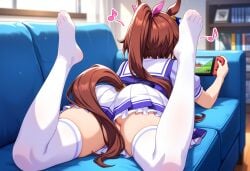 ai_generated animal_ears ass ass back_view brown_hair buttocks female horse_girl legs playing_videogame pony_tail ribbon skirt socks thighs tokai_teio_(umamusume) tracen_school_uniform two_tone_hair umamusume umamusume_pretty_derby white_socks