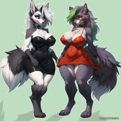 2girls ai_generated anthro big_breasts black_dress blush blush breasts canid canine canis curvaceous curvy ear_piercing five_nights_at_freddy's five_nights_at_freddy's:_security_breach fur furry gray_fur gray_hair green_background green_hair grey_fur grey_hair hellhound helluva_boss large_breasts long_hair looking_at_viewer loona_(helluva_boss) makeup purple_lipstick red_dress red_sclera roxanne_wolf_(fnaf) simple_background stable_diffusion standing tail thick_thighs vivienne_medrano voluptuous wgenjoyr4539 white_eyes white_fur wide_hips wolf yellow_eyes