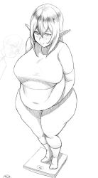 bbw belly_overhang big_breasts elf elf_ears fat_fetish fat_rolls fatty large_belly looking_down obese overweight presiart weighing_scale weight_gain wide_hips