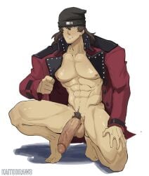 1boy 1male abs aragaki_shinjirou beanie big_penis coat coat_only dark_brown_eyes human kaito_draws long_hair looking_at_viewer male male_only muscular_male persona persona_3 pubic_hair semi-erect shinjiro_aragaki showing_chest squatting thick_thighs touching_leg