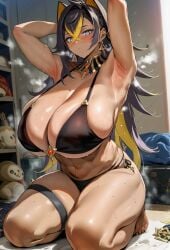 1girls ai_generated armpits arms_behind_head barefoot big_breasts big_thighs bikini blush breasts busty curvy dark-skinned_female dark_skin dehya_(genshin_impact) female genshin_impact gigantic_breasts gigantic_thighs huge_breasts huge_thighs kneeling large_breasts large_thighs lewisai massive_breasts massive_thighs swimsuit thick_thighs thighs voluptuous