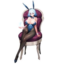 1girls blue_hair blue_leotard bowtie breasts bunny_ears chair detached_collar fake_animal_ears high_heels highleg highleg_leotard ice ice_magic large_breasts last_origin leotard looking_at_viewer magic pantyhose playboy_bunny red_eyes short_hair sitting_on_chair snowball22 titania_frost wrist_cuffs