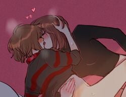 2girls blushing bottomless carrying_partner chara charisk eyes_closed frisk heart hearts holding_head kissing lesbian multiple_girls nikomochi partially_clothed sweat sweatdrop sweater sweating touching_hair undertale yuri