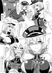 1boy after_ejaculation after_paizuri anchor_choker bismarck_(kantai_collection) bismarck_kai_(kantai_collection) blonde_hair blue_eyes breasts cum cum_on_body cum_on_breasts cum_on_clothes elbow_gloves female gloves hat hirase_yuu kantai_collection looking_at_another looking_at_viewer male military_hat monochrome multiple_views off_shoulder one_eye_closed open_mouth paizuri peaked_cap sideboob smile straight teeth translation_request underboob upper_teeth_only