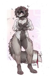 absurd_res anthro black_hair blue_eyes bodily_fluids breasts buttoning_shirt canid chest_tuft clothing digitigrade dress_shirt emanata f-r95 female fluffy fluffy_tail front_view fur genital_fluids genitals grey_body grey_fur hair hi_res mammal navel nipples panties panties_around_tail pouting pussy shirt solo tail topwear tuft underwear underwear_around_tail