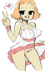 1girls autism_express bare_shoulders blonde_hair blue_eyes dress female g-string heart heart_necklace lisa_miller necklace partially_clothed peace_sign scott_pilgrim short_hair skirt_lift solo solo_female wristband