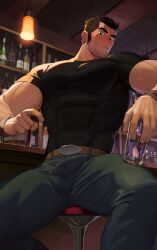 1boy bara barazoku beard_stubble black_hair blush bulge clothing dainyuu_(dgls) gay lucas_lee male male_focus male_only manly muscular_male penis_outline scott_pilgrim solo solo_male tight_clothing