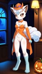 1girls 2024 ai_generated alolan_vulpix anthro blue_fur blushing bottomless bottomless_female brown_eyes clothing_pull digitigrade female female_only halloween halloween_2024 halloween_costume hi_res indoors inner_ear_fluff innie_pussy looking_at_viewer multiple_tails night nintendo pokemon pokemon_(species) pumpkin_basket pussy regional_form_(pokemon) smile tails white_fur