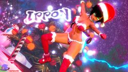 3d_(artwork) bikini black_hair christmas_2022 christmas_tree cosmixlewds dark-skinned_female female female_only festive green_eyes hi_res koikatsu looking_at_viewer medium_breasts miyo_suzuki_(cosmixlewds) mouth_open ninja_girl ninjala original_character partially_clothed shiny_skin starling_heroes text watermark