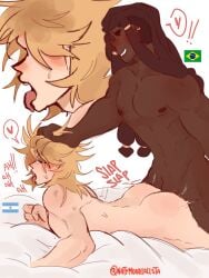 2boys argentina_(countryhumans) blonde_hair brazil_(countryhumans) countryhumans couple doggy_style gay kinky_naty male married_couple pulling_hair sweat