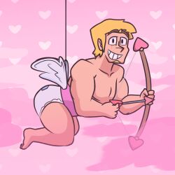 arrow blonde_hair bow brawl_stars buttocks grom_(brawl_stars) honeycomb muscles nude nude_male penis_out pink_background rockstar_dragon_heart smile