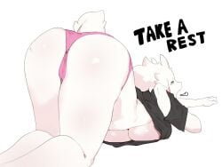 1girls absurd_res anthro ass breasts buta99 caprine english_text face_down_ass_up female female_only floppy_ears goat horns panties sleepy small_tail solo text thick_thighs underboob vanilla_(buta99) white_background white_hair yawn