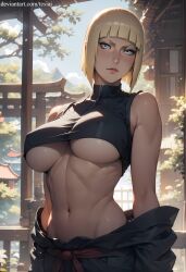 1girls adapted_costume ai_generated alternate_costume alternate_eye_color areola areola_slip artist_name bare_midriff bare_shoulders belt big_breasts blonde_hair blue_eyes blush bob_cut breasts center_opening cleavage clothing crop_top deviantart_username dress dress_pull dress_shirt embarrassed forest huge_breasts kimono_down kunoichi large_breasts lipstick looking_at_viewer makeup mature mature_female mature_woman midriff nai_diffusion naruto naruto_(series) naruto_shippuden nature navel ninja nipples nipples_visible_through_clothing no_bra no_bra_under_clothes obi oppai outdoors patreon_username pinup pulled_by_self samui skirt stable_diffusion teasing teasing_viewer tesiai underboob upper_body url visible_nipples voluptuous voluptuous_female watermark web_address