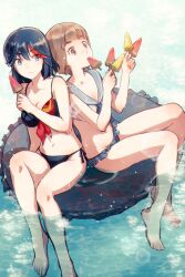 2girls bikini blue_eyes breasts brown_eyes brown_hair eating female female_only human kill_la_kill mankanshoku_mako matoi_ryuuko multiple_girls ren_mizuha senketsu swimsuit tagme watermelon